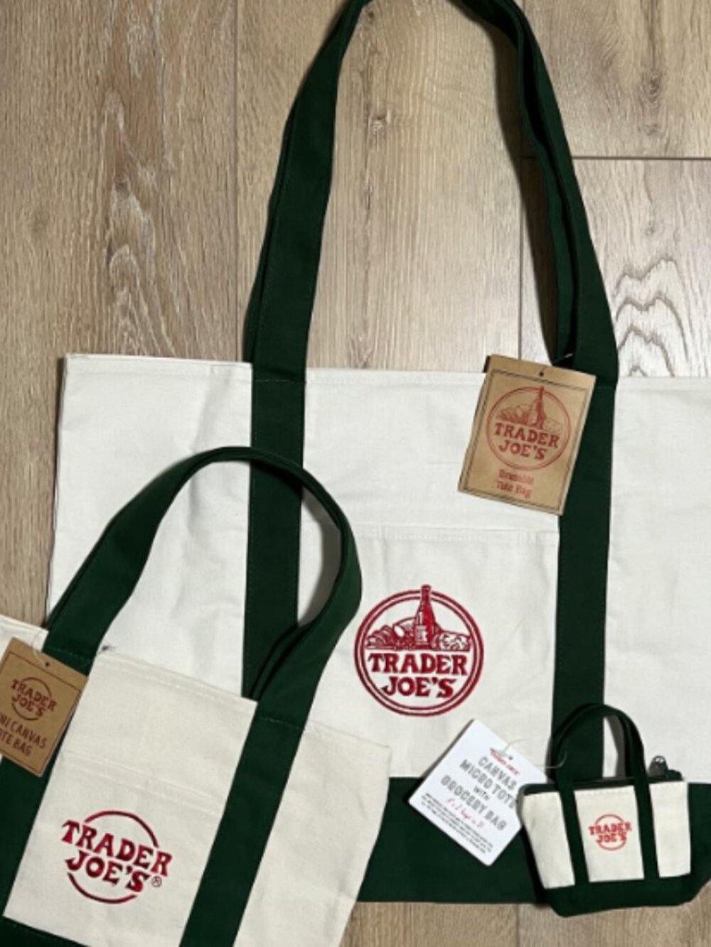 Trader Joe's GREEN Canvas TOTE Bags Full Set of 3 Large Mini & Micro NWT NEW